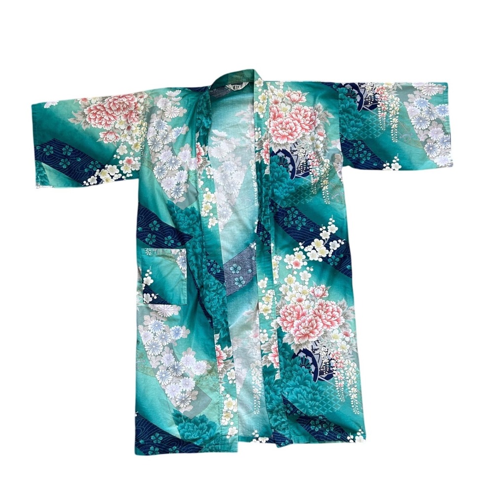 Vtg Japanese Kimono Robe Floral Peony Cherry Blossom One Size cotton‎